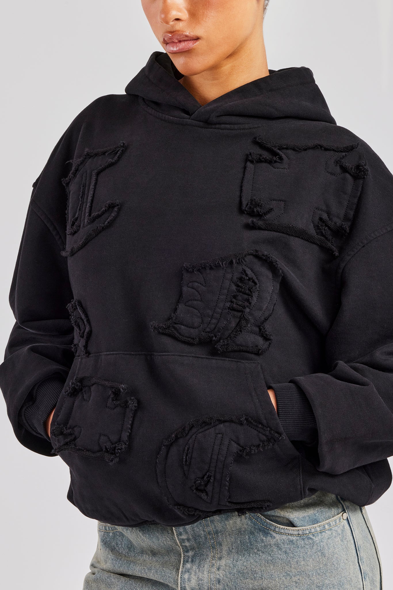 Womens Distressed Applique Hoodie - Black